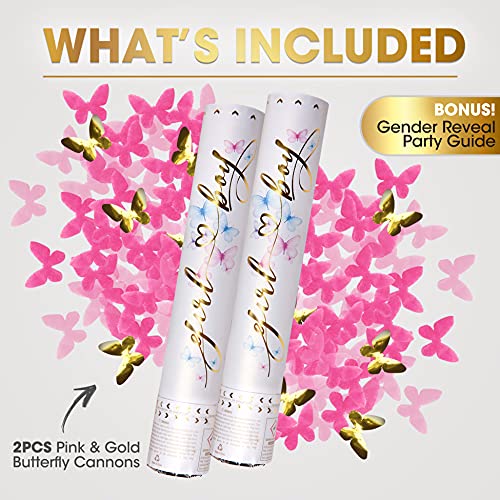 Gender Reveal Confetti Cannon - 2 Pack - Butterfly Shape Pink Gender Reveal Cannons | Baby Gender Reveal Poppers | Girl Gender Reveal Pink Party Popper Confetti Shooter | Pink Confetti Poppers