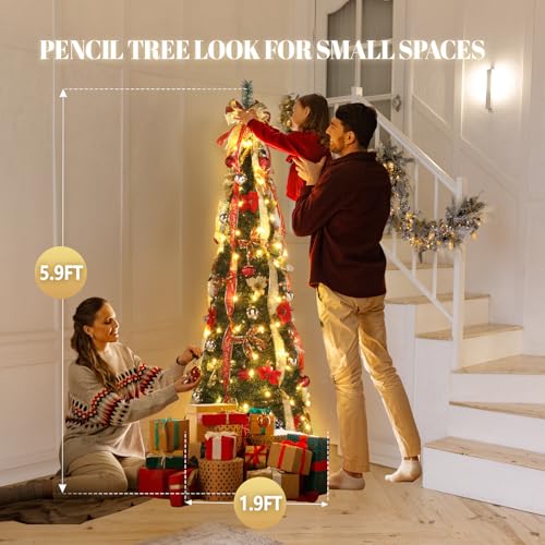 VINGLI 6ft Pre lit Pop Up Christmas Tree with Lights, Pre-Decorated Artificial Pencil Xmas Tree Collapsible Christmas Tree Holiday Party Decorations (Red&Gold)