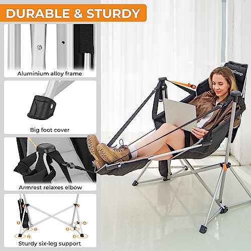 KingCamp Hammock Camping Chair, Aluminum Alloy Adjustable Back Swing Chair, Folding Rocking Chair with Removable Footrest Pillow Cup Holder for Outdoor Beach Lawn
