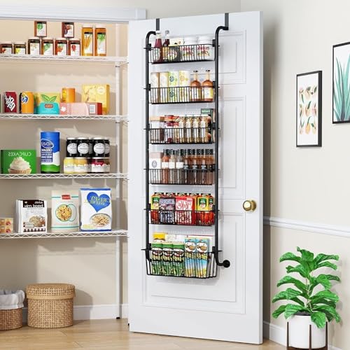 Gominimo Over the Door Pantry Organizer, 6-Tier Adjustable Baskets Pantry Organization and Storage, Metal Door Shelf with Detachable Frame, Space Saving Hanging Spice Rack for Kitchen Pantry Bathroom