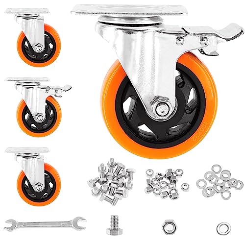 Glarks 53Pcs 3 Inch Heavy Duty Casters, Lockable Bearing Caster Wheels Safety Dual Locking Casters with Brake, Swivel Casters Polyurethane No Noise Wheels for Furniture and Workbench