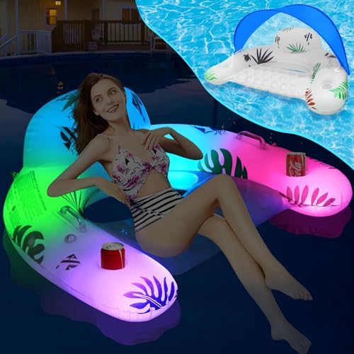 LanAqua Pool Float with Canopy,Solar Inflatable Pool Floats Chair Pool Chair Lounge Float with Lights, Floating Pool Chair with Headrest & Cup Holder,Water Chair Pool Floats Adults Beach Pool Floaties