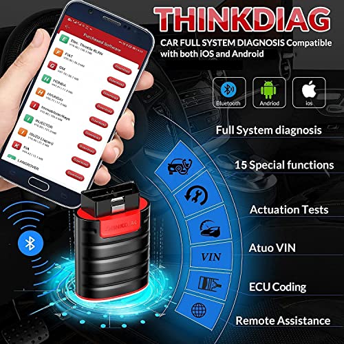 thinkcar Thinkdiag Obd2 Diagnostic Device, Automotive Error Code Reader for Complete Systems, OBD2 Bluetooth Adapter with 16 Reset Services, Active Test, ECU Coding, iOS and Android App