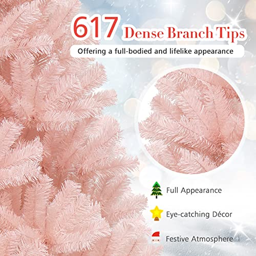 Costway 1.8M Pink Christmas Tree, Artificial Hinged Christmas Tree w/ 617 Tips, Premium Soft PVC Needles, Sturdy Metal Stand, Quick Set Up & Easy Storage, Ideal for Home, Office and Shops