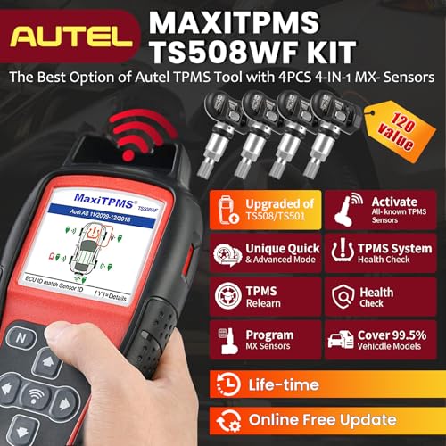 Autel TPMS Relearn Tool MaxiTPMS TS508WF Kit, with $120 4PCS MX-Sensors (315+433Mhz), 2024 Upgraded of TS508/TS501/TS408, One-Click TPMS Diagnose & Reset, TPMS Relearn/Activate, Clear TPMS DTCs