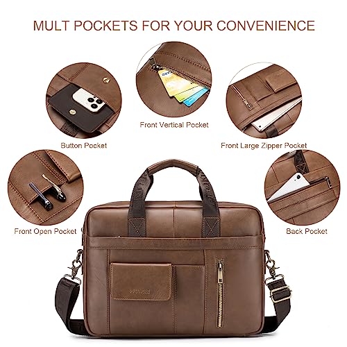 SPAHER Mens Leather Laptop Bag Briefcases for Men 14 Inch Leather Briefcase Business Work Laptop Handbag Shoulder Bag Messenger Bag with Removable Strap