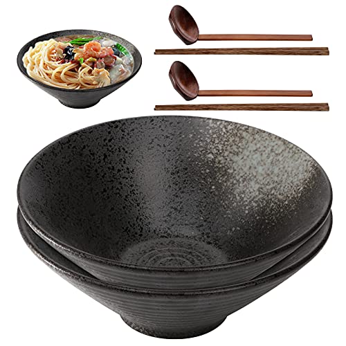 ZOOFOX Set of 2 Porcelain Ramen Noodle Bowl, 60 oz Large Soup Bowl with Chopsticks and Spoons for Udon, Soba, Pho and Asian Noodles, 9 Inch