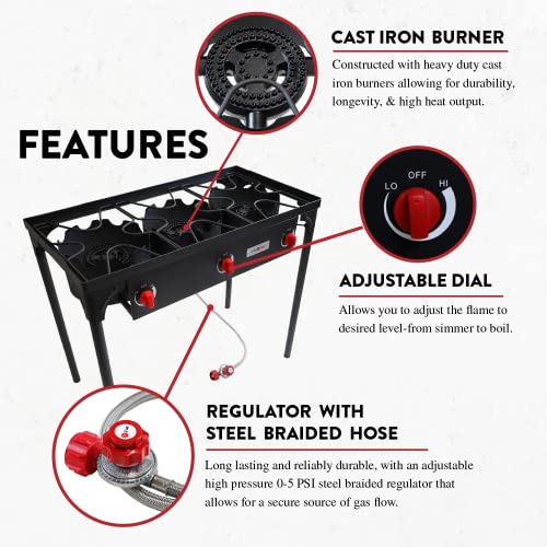 Gas One Outdoor Triple High pressure Burner with Stand Stove Propane Gas Cooker With Adjustable High Pressure Regulator and Hose, Black (B-6565)