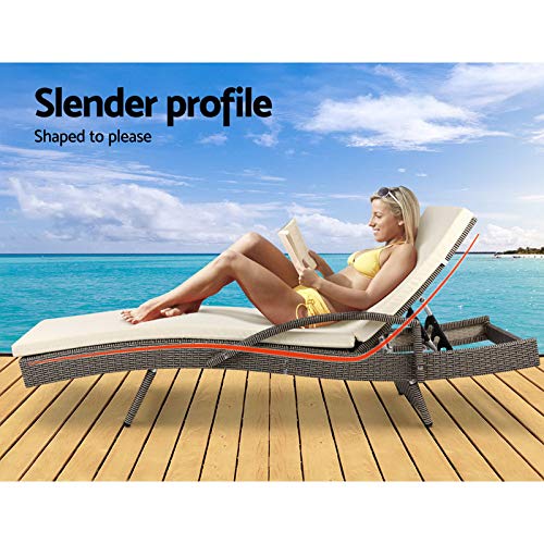 Gardeon Sun Lounge Camping Chair Wicker Lounger Rattan Day Bed, Chaise Beach Chairs Outdoor Furniture Garden Patio Setting Pool Backyard, Cushion Armrest Adjustable Backrest Grey