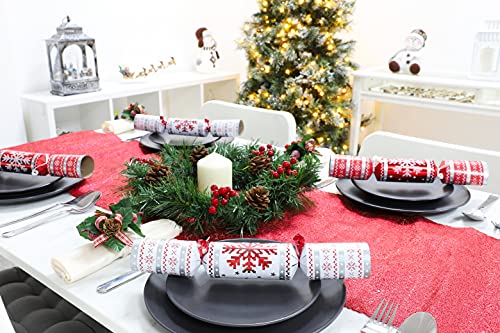 Toyland® Pack of 10 - Red & White Snowflake Nordic Christmas Crackers - Christmas Dinner Table Decorations