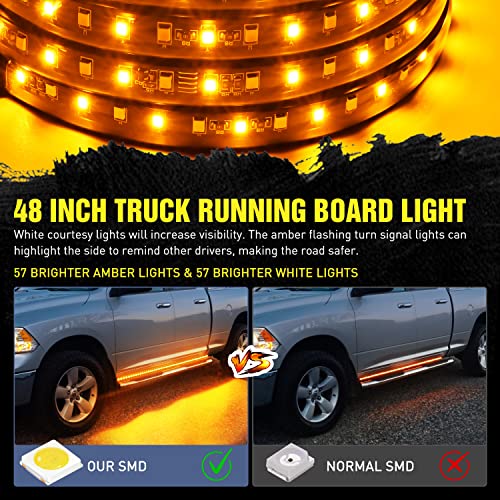 Nilight Truck LED Running Board Lights 2PCS 48nch LED Side Maker Light with White Courtesy Light & Sequential Amber Turn Signal Light LED Lighting Strips Running Lights Kit for Trucks Pickup SUV