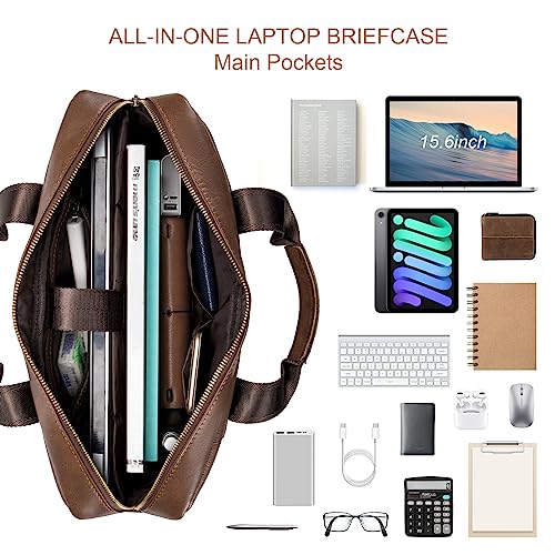 SPAHER Mens Leather Laptop Bag Briefcases for Men 14 Inch Leather Briefcase Business Work Laptop Handbag Shoulder Bag Messenger Bag with Removable Strap