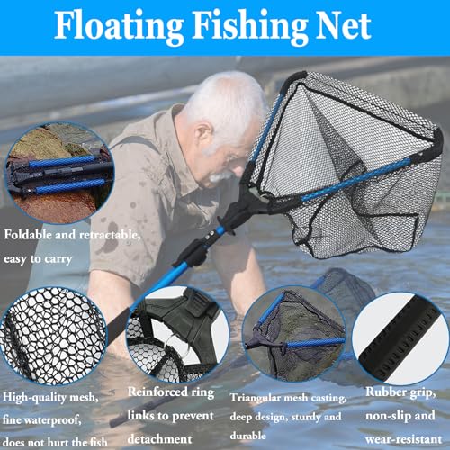 Fishing Net,Foldable Collapsible Telescopic Pole Handle Fish Landing with Fishing Plier,Rubber Coated Floating Fishing Net for Steelhead,Fly,Safe Fish Catching or Releasing with Fish,Extend to73-92CM