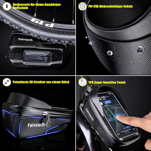 FAIREACH Upgraded Bike Handlebar Bag with Quick Release, Waterproof 3D Sun Visor Bike Frame Bag, Eva Bike Phone Mount Bag Support Touch Screen/Face ID and Rain Cover for Smart Phones 6.8''