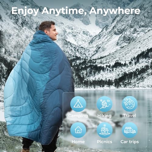 KingCamp Camping Blanket, Ultra Lightweight Stylish Printed Blanket, Puffy Warm Quilt with Snap Button, Portable for Travel, Stadium, Airplane, 69" x 53", Cyan