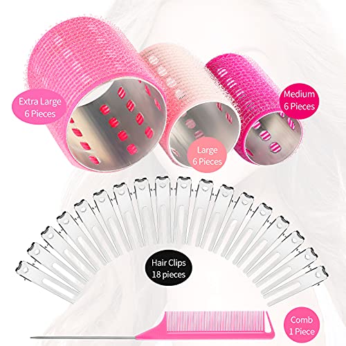 37 Pcs Aluminum Thermal Hair Rollers Set 3 Sizes Self Grip Hair Rollers 18 Pcs Duckbill Hair Clips, Comb Hairdressing Styling Tool, Random Color for Women, Men (Pink Series, 1.1'', 1.57'', 1.97'')