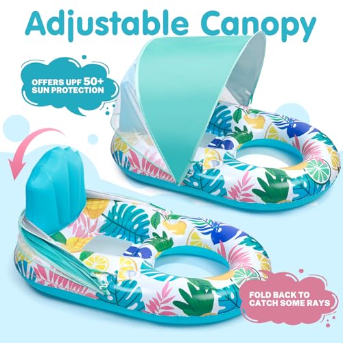 Pool Float with Canopy, Cup Holder - XL Pool Chair Lounge Float with Adjustable Sun Shade Cover, Drink Holder, Ergonomic Headrest,Inflatable Pool Float for Adults (Lemon-Pineapple)