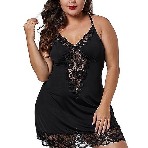 ZPLxi Lingerie Plus Size Lace V-Neck Babydoll Halter Chemise Mini Teddy Nightdress Backless Loose Satin Pajamas Mesh Sleepwear Dress for Women Girls Black