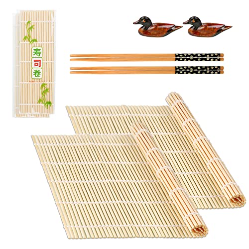 AUAUY 6PCS Sushi Making Kit, Bamboo Sushi Mat, Including 2 Sushi Rolling Mats, 2 Pairs of Chopsticks, 2 Chopsticks Holders, DIY Sushi Roller Mold Maker Kit for Beginner