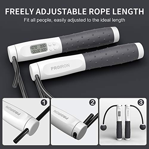 PROIRON Skipping Rope Digital Weighted Handle Workout Jump Rope, Skipping rope with Calorie counter Cordless Jumping Rope for Training Fitness, Adjustable Tangle-free Speed Jump Rope for Men Women Kids Fitness Exercise Training-Grey