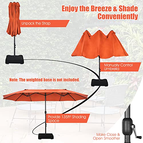 TANGKULA 15Ft Double-Sided Patio Umbrella, Outdoor Extra Large Umbrella W/Hand-Crank System & Air Vents, Market Twin Umbrella W/ 12-Rib Sturdy Metal Frame for Poolside, Garden Backyard (Orange)