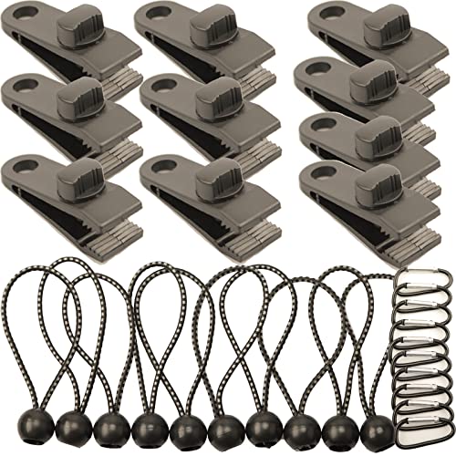 10pcs Tarp Clips Heavy Duty Lock Grip with 10pcs Ball Bungee Cords, 10pcs Carabiner Clip, Fixed Plastic Linoleum Tent Clips Tarp Clamps Tent Fasteners,Tarpaulin Canvas Clips for Awning Outdoor Camping