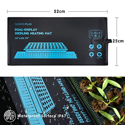 INKBIRDPLUS Seedling Heat Mat Heating Pad 30W Waterproof with Thermostat Control for Plant Germination Hydroponics Indoor Seed Starting Digital Thermostat Control Monitor Indoor Thermometer 52x25cm