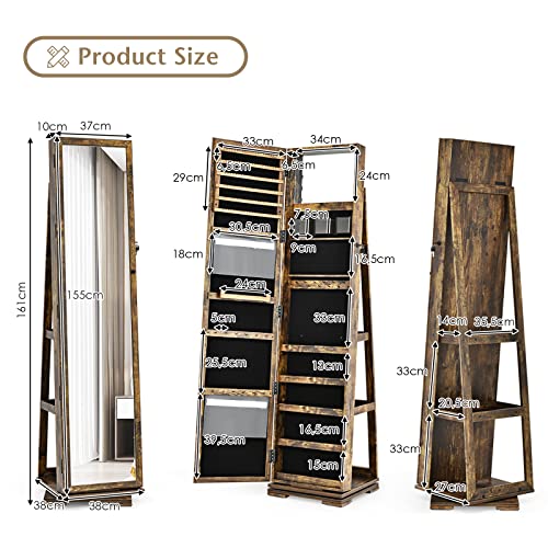 Giantex 360 Rotating Mirrored Jewelry Cabinet, Free Standing Jewelry Armoire, 2-in-1 Lockable Large Capacity Jewelry Organizer w/Full Length Mirror, Inside Makeup Mirror (Coffee)