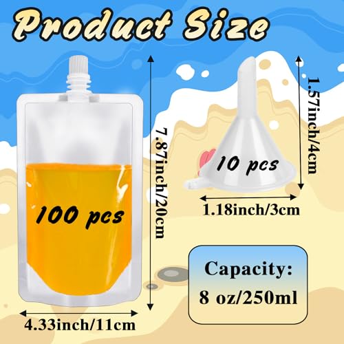 100 Pcs Plastic Flasks,8 Oz Concealable and Reusable Drink Pouches,Leak Proof Plastic Drinking Flasks for Travel Outdoor Sports Concerts Events