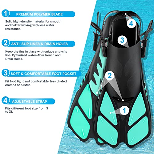 ZEEPORTE Mask Fin Snorkel Set with Adult Snorkeling Gear, Panoramic View Diving Mask, Trek Fin, Dry Top Snorkel +Travel Bags, Diving Package for Lap Swimming