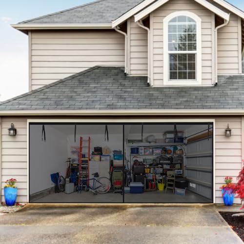 Garage Screen Doors for Garage Magnetic Fiberglass Mesh Screen Door Self Sealing Retractable Garage Net Screen with 6 Roll up Straps, Easy to Install and Pass Through (16 x 7 Ft, 2 Car)