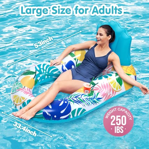 Pool Float with Canopy, Cup Holder - XL Pool Chair Lounge Float with Adjustable Sun Shade Cover, Drink Holder, Ergonomic Headrest,Inflatable Pool Float for Adults (Lemon-Pineapple)