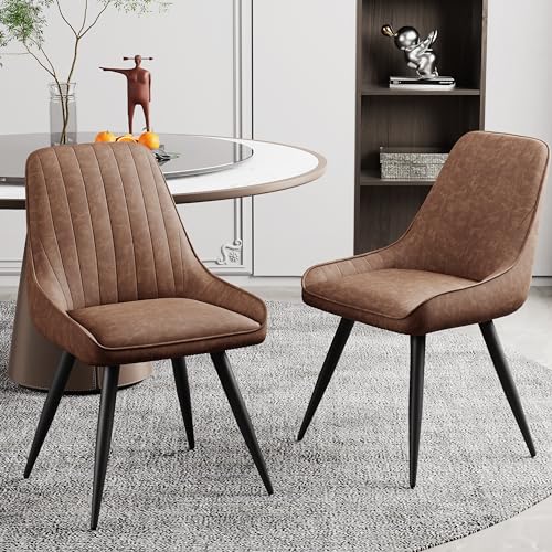 Alunaune Modern Dining Chairs Set of 2 Upholstered Kitchen Chairs Mid Century Armless Leisure Accent Chair Living Room Faux Leather Desk Side Chair with Metal Legs-Brown