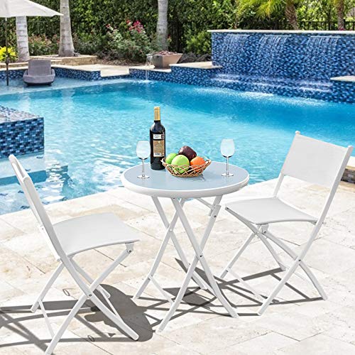 Costway Bistro Table Set, 3 Piece Patio Bistro Set, Outdoor Folding Table and Chairs, Foldable Patio Dining Set, Porch Furniture Set Garden Backyard Metal Frame No Assembly (White)