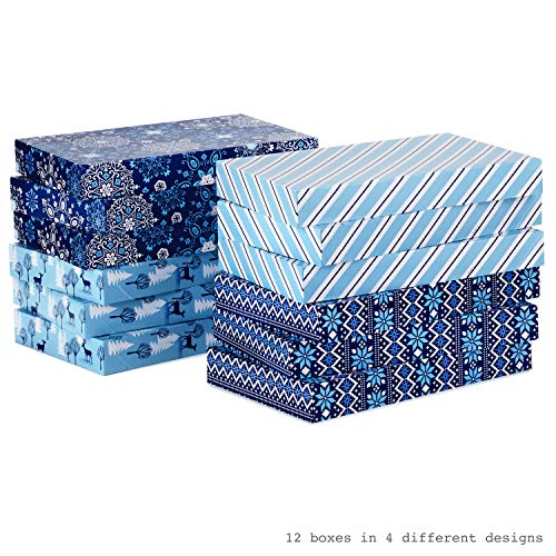 Hallmark Medium Boxes with Lids (12 Shirt Boxes, 4 Designs: Snowflakes, Stripes, Sweater Pattern, Reindeer) for Christmas, Hanukkah, Holiday Parties, Hostess Gifts