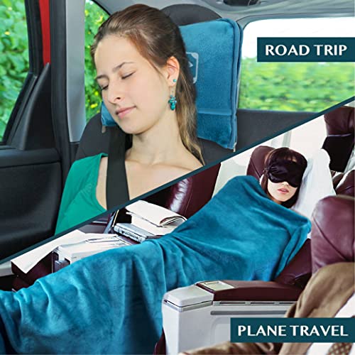 PAVILIA Travel Blanket Pillow in Soft Bag with Pockets, Airplane Blanket Set, Plane Blanket Compact Packable, Flight Essentials Car Pillow, Travelers Accessories Gifts, Luggage Strap, Turquoise