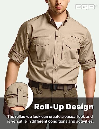 CQR Men's Long Sleeve Work Shirts, Ripstop Military Tactical Shirts, Outdoor UPF 50+ Breathable Button Down Hiking Shirt TOS432-KHK Large