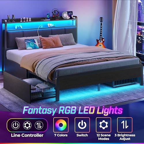 Rolanstar Bed Frame Queen Size with Charging Station and LED Lights, Upholstered Storage Headboard with Drawers, Heavy Duty Metal Slats, No Box Spring Needed, Noise Free, Easy Assembly, Dark Grey