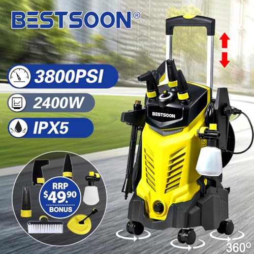 BESTSOON 3800PSI High Electric Pressure Washer Power Washer with 360° Spinner Wheels 2400W High Power 260Bar Jet Cleaner Sprayer Detergent Bottle Turbo Nozzle