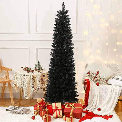 658 Tips Artificial Pencil Christmas Tree Halloween Tree, 6ft Pure Black Xmas Hallowmas Pine Trees with Metal Stand Perfect for Christmas/Halloween/Parties/Holiday Indoor Outdoor Decoration