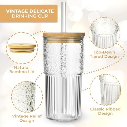 Drinking Glasses with Bamboo Lids and Glass Straw 2pcs Set - 22oz Transparent Striped Glass Cups, Beer Glasses, Iced Coffee Glasses, Cute Tumbler Cup, Ideal for Cocktail, Whiskey,