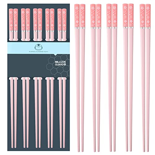 5 Pairs Fiberglass Chopsticks-Reusable Japanese Chopsticks Dishwasher Safe, 9.6 inch/24.3cm Matte Non-Slip Family/ Hotel/ Restaurant Chop Sticks, Chinese Chop Sticks, Morandi-Flower-Pink