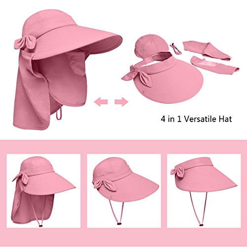 Lenikis Women's UPF50+ Sun Visor Foldable Wide Brimmed UV Protection Hat with Detachable Flaps Pink