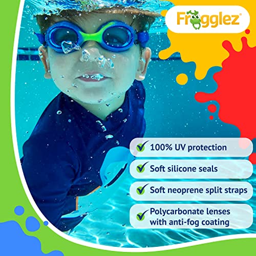 Frogglez Kids Swim Goggles with Pain-Free Strap | Ideal for Ages 3 – 10 in Swimming Lessons | Leakproof, No Hair Pulling, UV Protection | Recommended by Olympic Swimmers (Green Frogz)