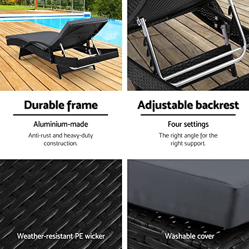 Gardeon Set 2 Sun Lounge Camping Chair Wicker Lounger Rattan Day Bed, Chaise Beach Chairs Outdoor Furniture Garden Patio Setting Pool Backyard, Cushion Armrest Adjustable Backrest Black