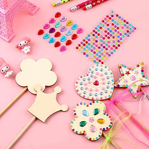 Princess Fairy Wands Kit Include Wooden Fairy Wands, Gem Stickers, Ribbons Unfinished Wooden DIY Magical Wand Crafts Moon Butterfly Magical Wand for Girls Make Your Own Princess Wand(18 Sets)