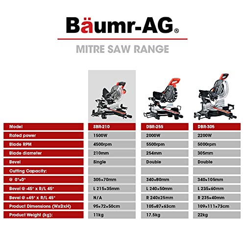 Baumr-AG Compound Mitre Saw Drop 210mm 8" Single Bevel Miter Sliding Slide with Laser Guide, SBR-210