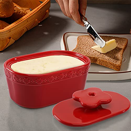 AVLA Porcelain Butter Dish, Ceramic Butter Dish with Lid for Countertop, Large Butter Container Storage Keeper Holds Up to 2 Sticks of Butter, Oval Shape Butter Crock Flower Series, Red