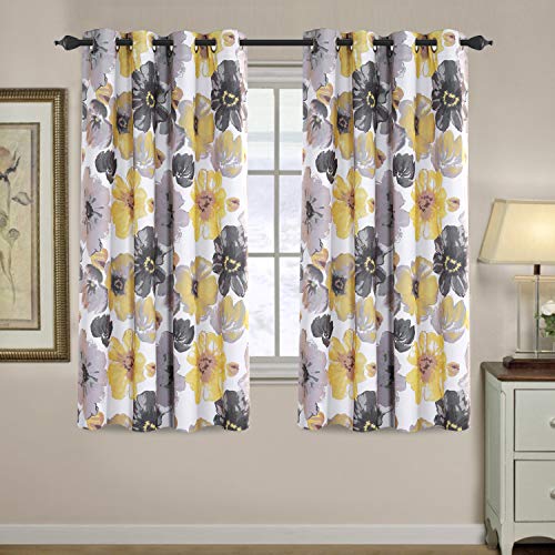 Smarcute Blackout Curtains for Living Room Printed Floral Blackout Curtain Draperies Home Decoration Eyelet Light Blocking Winow Draperies, Yellow & Grey - Sold 1 Pair, Each Piece W132cm x D160cm