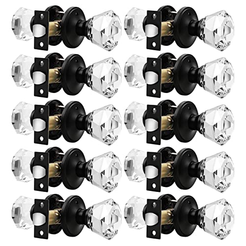 Orger 10 Pack Crystal Privacy Door Knobs, Clear Glass Knob with Faceted Diamond Shape, Black Door Lock for Bed/Bath Interior Door, Keyless Door Handles with Zinc Alloy Rosette